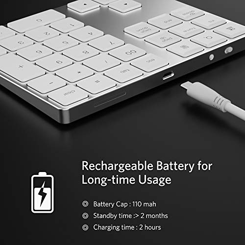 Andoer Teclado numérico sem fio de alumínio 34 teclas Teclado com bateria recarregável embutida para