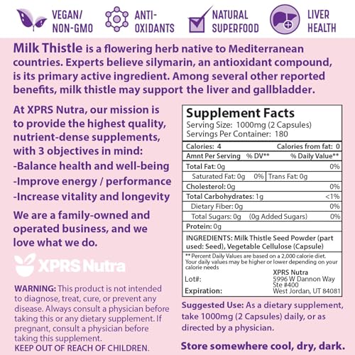 Image of XPRS Nutra Milk Thistle Seed Capsules - 360 Count (6 Month Supply) Premium Milk Thistle Supplement Rich in Silymarin to Support the Liver and Digestion - Pure, Non-GMO Cardo Mariano Pills