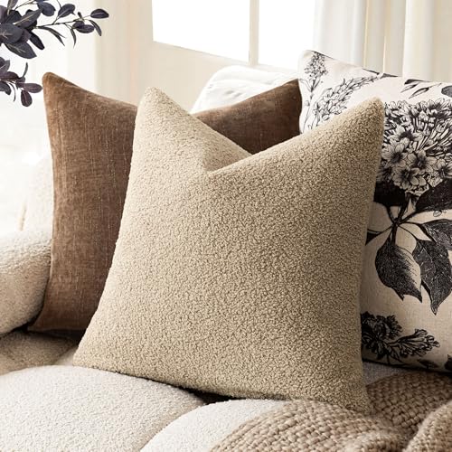 Image of Foindtower Pack of 2, Curly Faux Fur Decorative Throw Pillow Covers Soft Fuzzy Plush Cushion Case with Zipper Cozy Pillowcase for Home Living Room Couch Bed Sofa 16 x 16 Inch,Taupe Khaki Camel