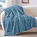 BEDELITE Fleece Throw Blanket for Couch - 300GSM Soft & Warm Fluffy Light Blue Blanket, Decorative and Giftable Striped Blankets for Women, Men, 50