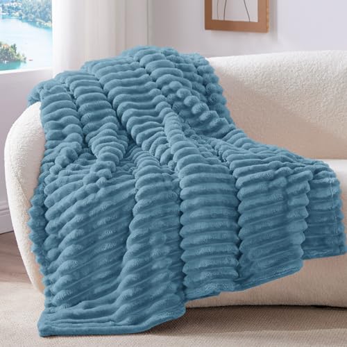 Image of BEDELITE Ribbed Fleece Throw Blanket for Couch, Blue, 50 inchx70 inch | Ultra-Soft Plush Fleece, Warm Yet Lightweight, Ribbed Texture, Home Decor, Machine Washable, Giftable, All-Season Use