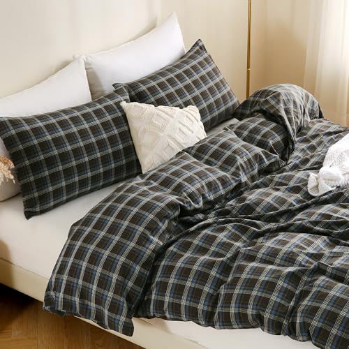 Image of TOCOMOA Buffalo Plaid Duvet Cover Set 100% Washed Cotton Like Linen Feel Super Soft Comfy 3 Piece Brown Blue Gingham Checkered Bedding Comforter Cover Set (Full 90 inchx90 inch, Comforter Not Included)