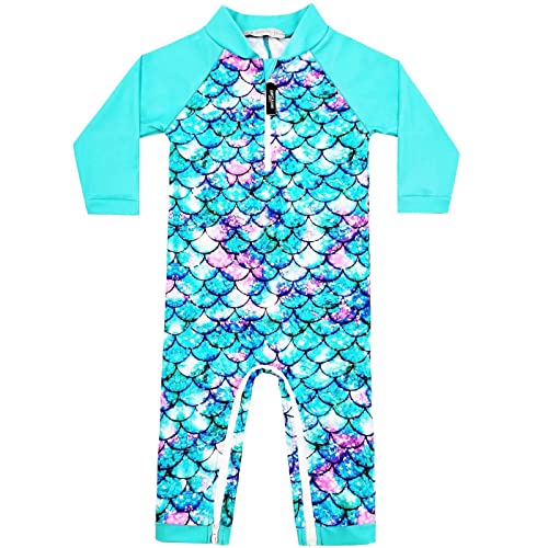 weVSwe Traje De Baño para Niños Pequeños UPF 50+ Protección Solar Tejido Reciclado Bebé Niña Una Pieza Manga Larga Rash Guard Escamas De Pez Verde 6-12 Meses