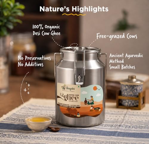 Image of The Bagdis Organic A2 Gir Cow Cultured Ghee | 100% Pure Bilona Hand-Churned Desi Ghee | Grass-Fed, Cultured, Golden & Granular | No Preservatives | Traditional Ayurvedic Ghee 5L Steel Can