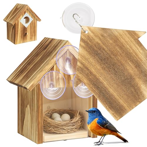 UUMENHA Window Birdhouse for Viewing Inside with 3 Strong Suction Cups Clear See-Through Wooden Bird Houses for Outside Weather-Resistant Outdoor Nesting Box Suitable for Bluebird Finch Chickadee