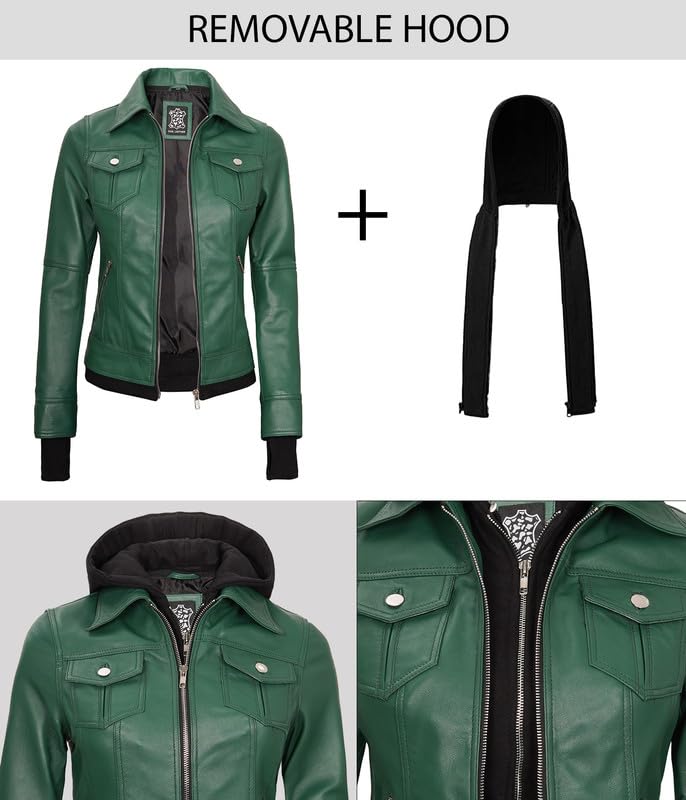 Image of Womens Leather Jacket with Detachable Hood - Real Lambskin Bomber Jacket Thumbholes Women