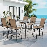 MFSTUDIO Patio Bar Set of 7, Outdoor Bar Height Table and Chairs, 1 x Heavy Duty Metal Slat High Top Bar Table with 6 x Swivel Outdoor Bar Stool, Breathable Textilene Fabric