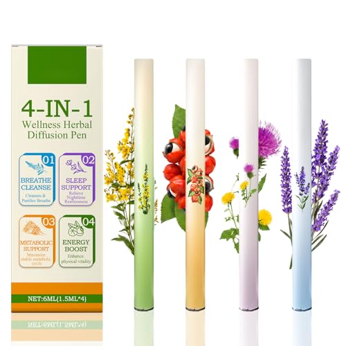 4Pcs Herbal Diffuser Pens Mullein Diffuser Smokeless Inhaler for Lung Cleansing Free Breathing & Energy Diffuser with Guarana Green Tea Extract VB12 Peppermint