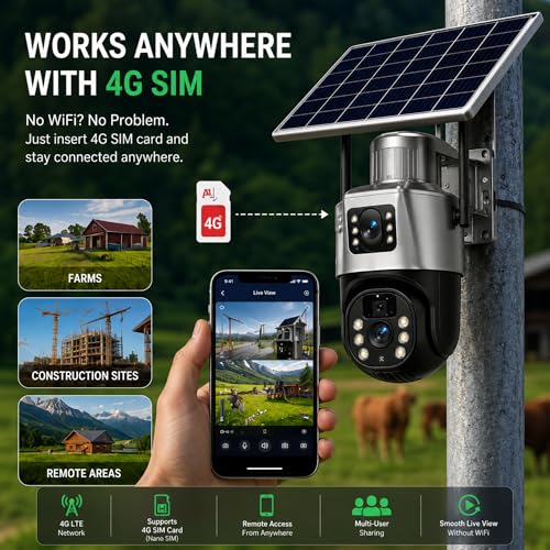 Image of VIE Solar CCTV Camera Outdoor Dual Lens 360 Degree PTZ | CCTV Camera with sim Card 4G | Solar Camera Outdoor Waterproof | CC Camera Colour | Night Vision| Motion Detection Two-Way Audio
