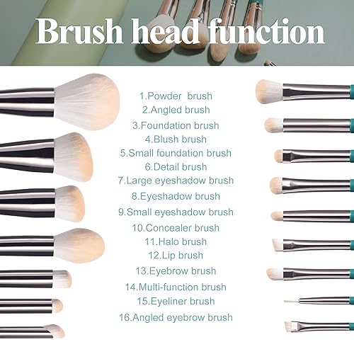 Makeup Brush Set 16 PCS with Case for Green Foundation Powder Concealer Eyeshadow Lip Blush