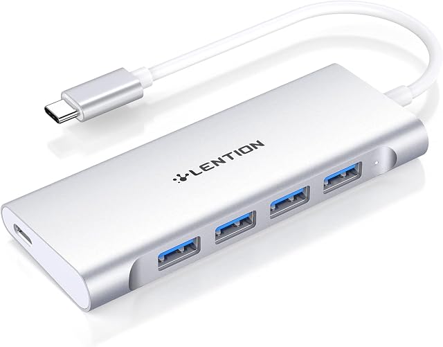 LENTION USB C Hub with 4 USB 3.0 Ports and Type C Charging Adapter Compatible 2023-2016 MacBook Pro/Air 13/14/15/16, New Mac Air, New Surface, Chromebook, More (C31, Silver)