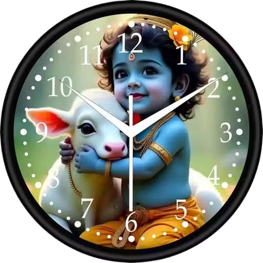 NILOY Wall Clock for Home Dcor | Silent Non-Ticking Round Clock | Spiritual Golden Buddha Design | Living Room, Bedroom & Office Wall Clock1143 (Cute Little Krishna with Calf)-image-32