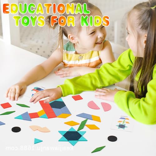 Image of 155 Pcs Wooden Pattern Blocks Christmas Stocking Stuffers Kids Toddlers, Math Games Shapes Blocks Homeschool Supplies with Cards Tangram Puzzles Montessori Educational Learning Toys for Kids Ages 4-8