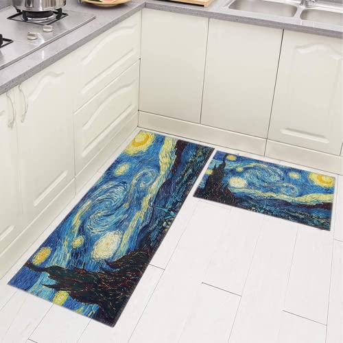2 Pcs Kitchen Rug Set, Starry Night, Vincent Van Gogh Art Pattern ，Non-Slip Cushioned Anti-Fatigue Kitchen Mats and Rugs Soft Crystal Velvet Non-Slip Area Runner Rugs Washable Durable Doormat Carpet