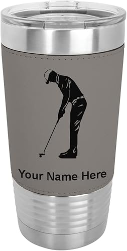 LaserGram Vaso aislado al vacío de 20 onzas para golfista grabado personalizado incluido piel sintética gris