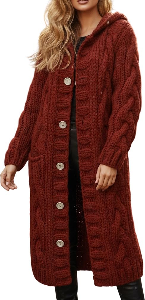 Womens Chunky Cable Knit Hooded Maxi Cardigan Sweater Button Down Fall Winter Warm Casual Coats with Pockets for