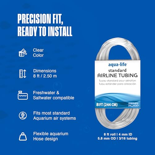 Image of Penn-Plax Aqua-Life Standard Airline Tubing - 3 /16 Inch Flexible Airline Hose for Aquarium Pumps, Fish Tank Line for Air Stones & Filters - Safe for Freshwater & Saltwater - 8 ft Long, Clear