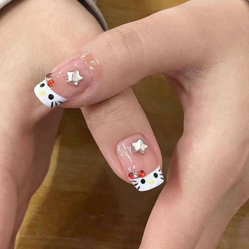 Miniatura 3 de Lovely Cat Nail Art - Uñas francesas a presión con punta azul rosa con diamantes de imitación y purpurina gruesa, lindas uñas postizas ovaladas