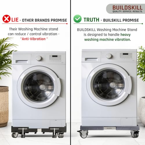 Image of BUILDSKILL 200Kg Washing Machine Stand Adjustable | SS Tubes | 360 Rotating Double Wheels with Lock | Absorbs Vibration | Anti-Skid Top & Front Load Washing Machine Trolley (Grey)