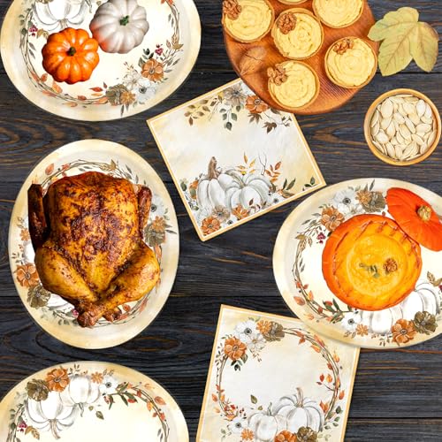 Image of White Pumpkin Paper Plates and Napkins Serve 50, Boho Oval Fall Plates 10 inch x 12 inch with 6.5 inch Napkins Floral Autumn Tableware Fall Party Decorations for Birthday Baby Shower Bridal Shower Thanksgiving