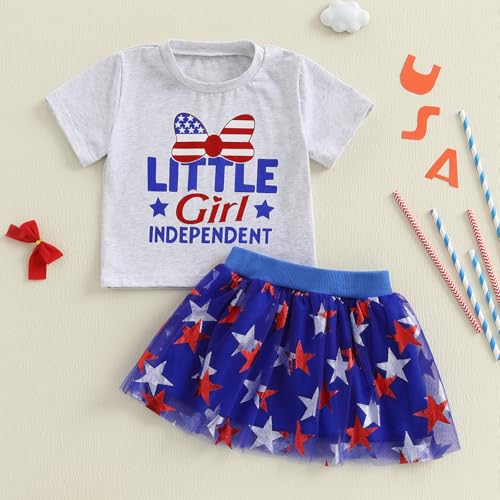 Image of Kayotuas Toddler Baby Girl 4th of July Outfit American Flag Shirt Red Blue Stars Tulle Tutu Skirts Kids Fourth of July Dress