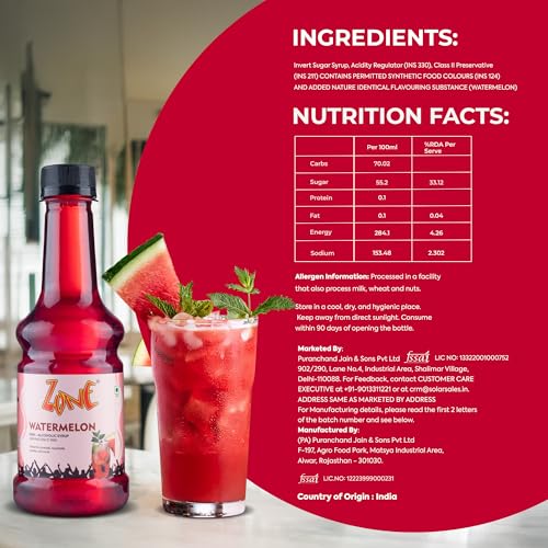 Image of Zone Watermelon Syrup 300ml | Refreshing Pure Watermelon Flavour for Mocktails, Cocktails, Lemonades & Sodas | Premium Taste, Non Alcoholic, More Servings For Professional & Home Use | 12+ Flavours