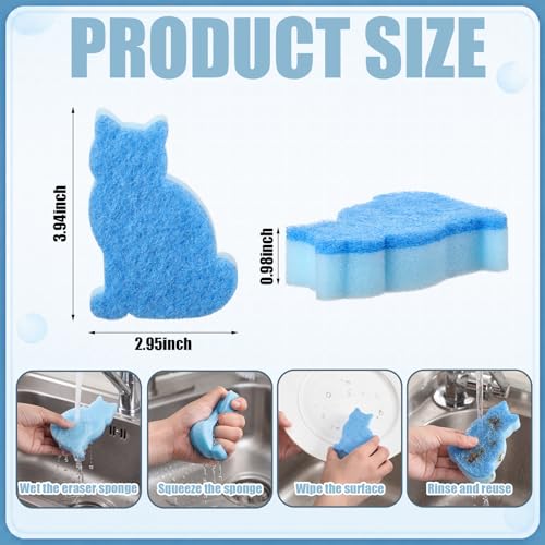 Image of Tioncy 12 Pack Cat Shaped Double Sided Sponge Scrubbers, Cute Cat Dish Sponges, Reusable Non Scratch Kitchen Cleaning Sponges for Dishes, Pots, Sink and Household Cleaning (Black Green Blue)