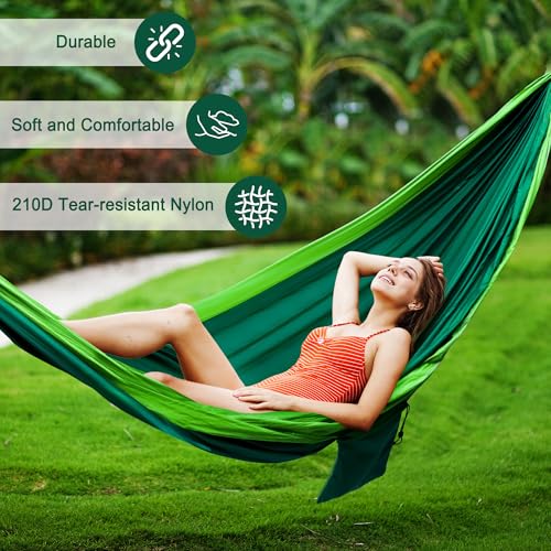 Camping Hängematte Outdoor, Superleichte Tragbare Fallschirm Hängematten mit Zwei Baumgurten Einzel Nylon Reisebaum Hammock (Dunkelgrün, 280 * 140cm) – Bild 3