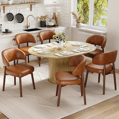 Image of MALOL 47 inch-63 inch Extendable Round to Oval Dining Table Chairs Set for 4-8, Modern Wooden Kitchen Table and Chairs with Hidden Storage and Fluted Design for Dining Room /Small Space(Natural Wood and Brown)