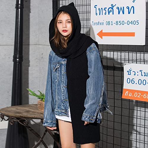 Women Scarf Winter Solid 2 In 1 Knit Hooded Scarf Set Winter Melon Cap Warm Thick Cable Knitted Hat (Black, One Size) #TOP2