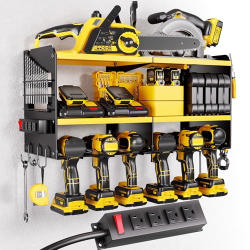Spampur Large Power Tool Organizer Wall Mount with Charging Station, 3 Layer Heavy Duty Metal Tool Storage Rack Loads 420lbs with 6 Cordless Drill Holder, Utility Rack Loads with 4 Power Strip