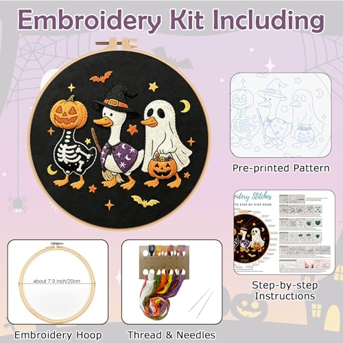 Image of Nuberlic Halloween Embroidery Kit for Beginners Adults DIY Needlepoint | Complete Halloween Embroidery Kit With Cute Ghost, Pumpkin And Duck Design For Handmade Decor, Relaxing Needlework And Gifts.