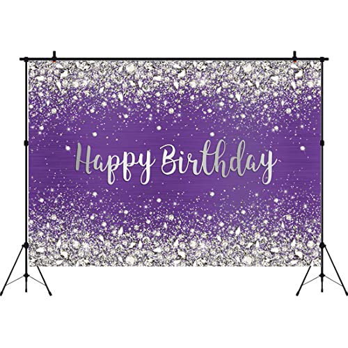Aperturee 9x6ft Glitter Purple Diamonds Happy Birthday Backdrop Shinning Silver Bokeh Dots Women Girls Photography Background Sweet 16 Party Decorations Cake Table Banner Supplies Photo Booth Studio - image 1