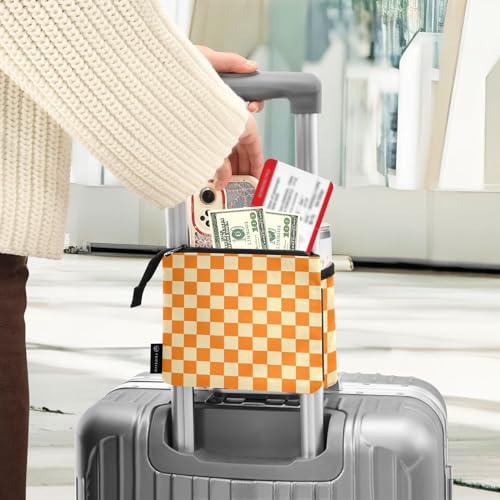 Image of Luggage Cup Caddy Bag Carrier with Handle - Free Hands Travel Drink Holder in Checkered Orange