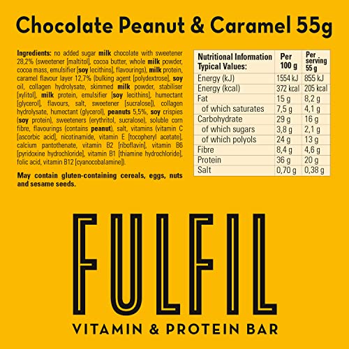FULFIL Vitamin and Protein Bars (15 x 55 g Bars) - Chocolate Peanut & Caramel Flavour - 20 g High Protein, 9 Vitamins, Low Sugar - Image 3