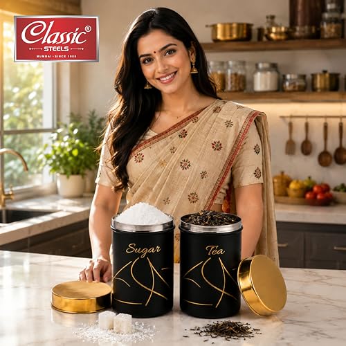Image of Classic Steels Premium Long Tea & Sugar Canister Set (850ml) (Black) | Airtight Kitchen Canisters Stainless Steel Storage Jars with Gold Lid & Label | Matte Finish Kitchen Storage Container Set
