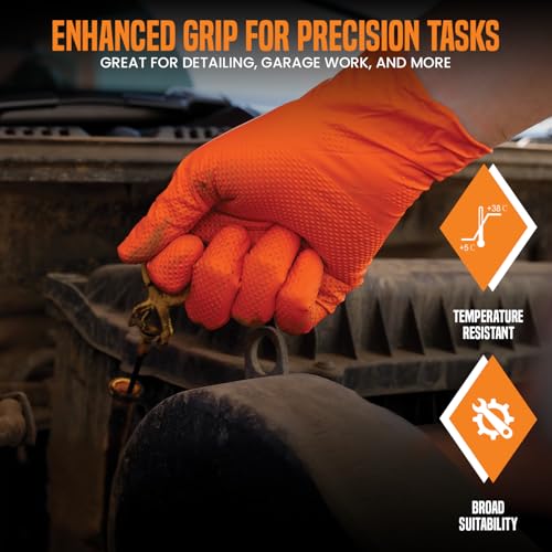 50 Orange Nitrile Disposable Gloves XXL Heavy duty, Diamond Grip Gloves, Latex-Free, Powder-Free, Non-slip, Extra Thick – Ideal For Mechanics, Workshop, and Automotive use. - Image 5