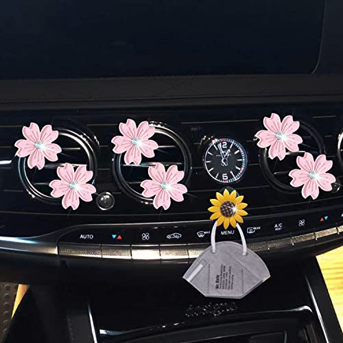 Image of Cute Daisy Air Vent Clips, 6 Pcs Flower Car Air Fresheners Vent Clips Car Diffuser Vent Clip Charm Car Decoration for Women Cute Car Interior Decor Flower Car Accessories + Sunflower Mask Hook (Pink)