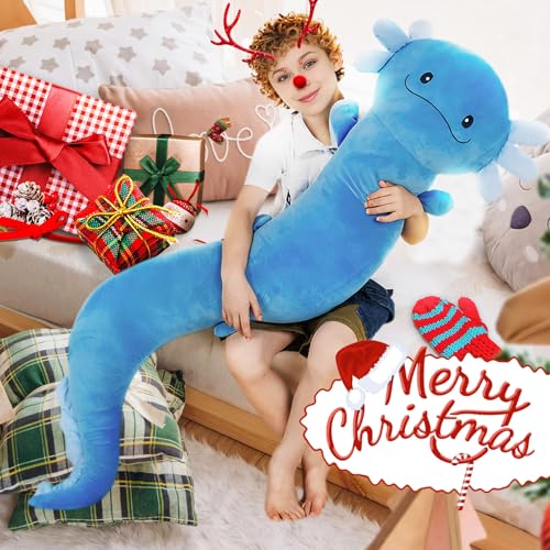 Image of Tianmihou 48 Inch Giant Axolotl Plush Pillow, Big Blue Axolotl Stuffed Animal, Glow in The Dark Salamander Plushie, Soft Large Axolotl Body Pillow, Cute Birthday Gift for Kids Adults