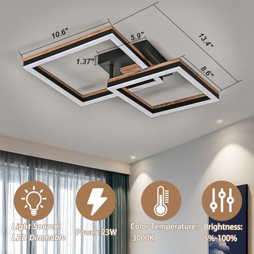 Image of LED Flush Mount Ceiling Light, Double Square Led Ceiling Lights Fixture (23W 3000K), Minimalist Wood Ceiling Lamps for Bedroom, Kitchen, Hallway