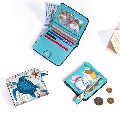 Image of Toughergun Sea Turtle RFID Small Wallet Women, Slim Thin Vegan Leather Bifold Wallet with Zipper Coin Pocket & ID Window, Cute Mini Credit Card Holder Gift for Women Ladies Teen Girls
