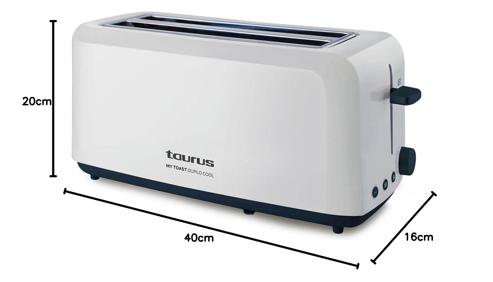 Taurus Toster My Toast Duplo | Potężny 1450 W | bardzo długa szczelina o podwójnej szerokości | 6 poziomów tostów | Światło LED | 3 FUNKCJE - rozmrażanie | Cichy toster