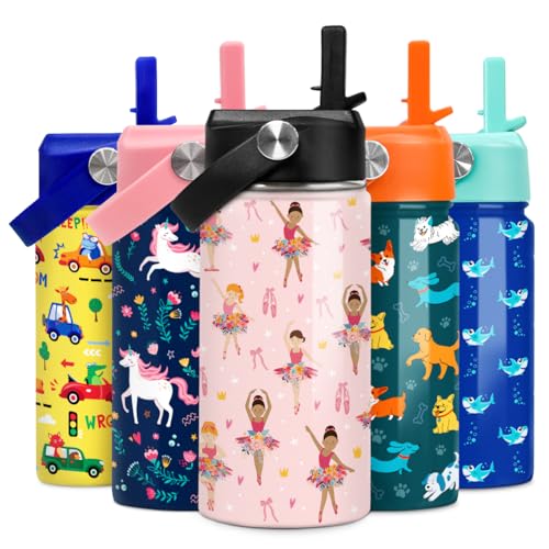 Image of SANDJEST Kids Water Bottle Ballet Water Bottles 12oz with Straw Insulated Stainless Steel Travel School Tumbler Double Wall Vacuum Cup for Girls Kid