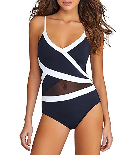 Anne Cole Women's Mesh Cut-Out Over The Shoulder One Piece Swimsuit, Black Wh, 6