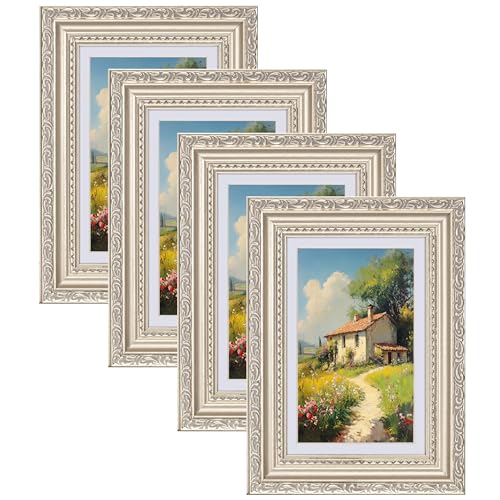 eletecpro 4x6 Vintage Picture Frame, Glass Cover, Silver Beige, 4-Pack