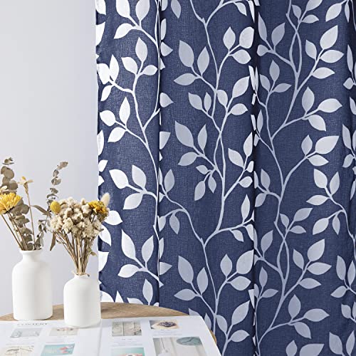 Image of XTMYI 30 Inch Length Small Curtains for Bathroom Window Rod Pocket Nautical Country Cafe Leaf Sheer Tier Curtains for Kitchen,30L,Navy Blue and White