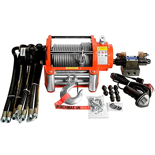 WINCHMAX Cabrestante hidráulico de 10000 lb (4536 kg). Cable de acero de 25 m x 9,1 mm. Gancho de horquilla de 3/8 de pulgada. Sistema de control de 24 V.