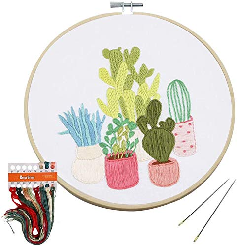 Y-BOX Embroidery Starter Kit with Pattern,Full Range of Stamped Embroidery Kits with 1 Pcs Embroidery Cloth with Pattern,1 Pc Bamboo Embroidery Hoop,Color Threads Tools Kit (Style 12)