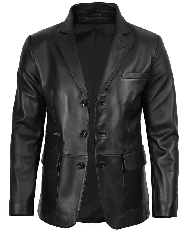 Image of Blingsoul Mens Leather Blazer Jacket - Real Lambskin Sport Coat with Notch Lapel Collar