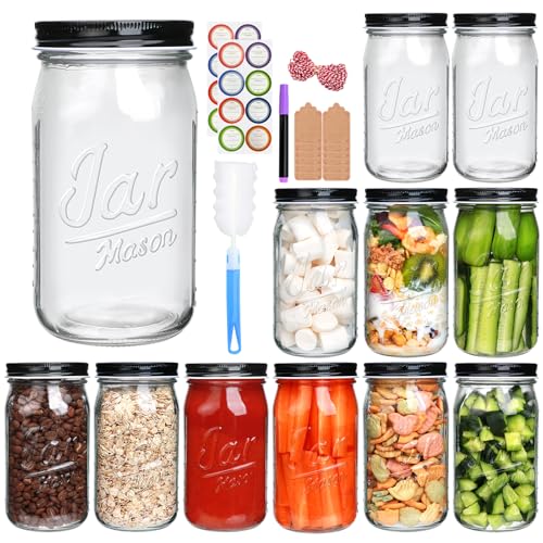 QAPPDA Wide Mouth Mason Jars 32 oz 12 Pack, Large Glass Jars Canning Jar with Lids for Pickling, Storage Food, Meal Prep, Jams, and Spices